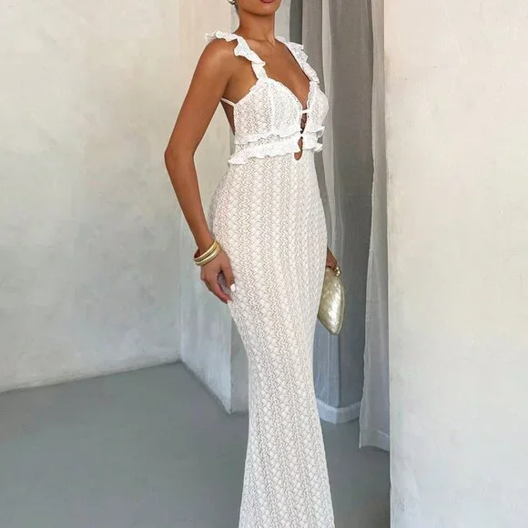 White Elegant Women's Sexy Off-Shoulder Crochet Dress - Picture 5 of 5